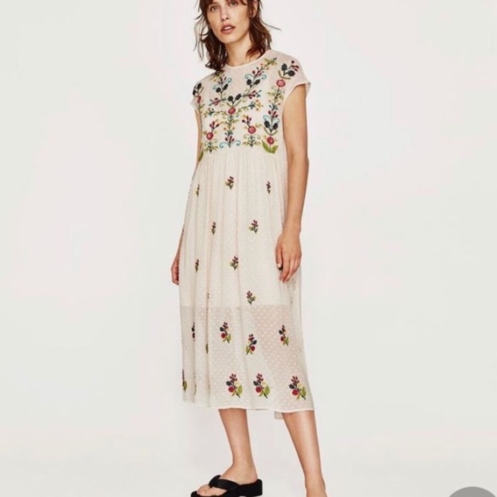 Zara Embroidered Chiffon Floral Midi Sheath Dress size small